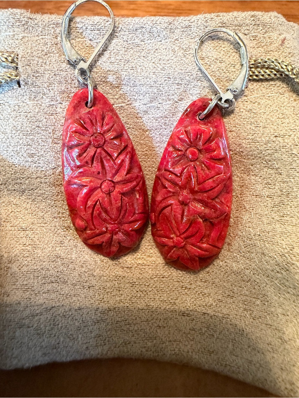 JTV- BBJ Handcrafted Red Coral 925 Floral Teardrop Earrings